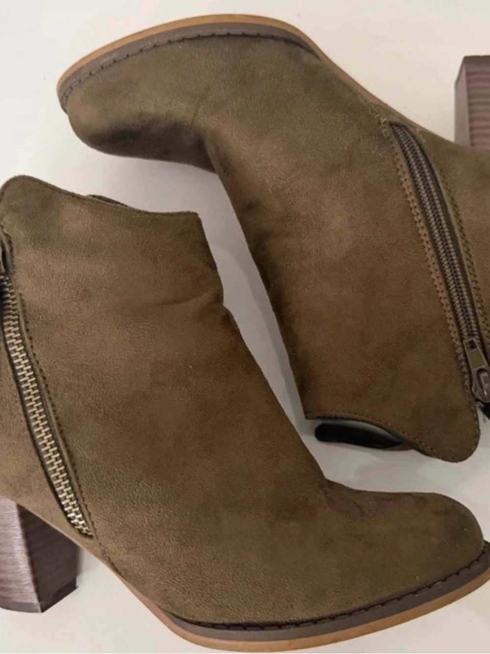 Olive Suede Side-Zip Ankle Booties